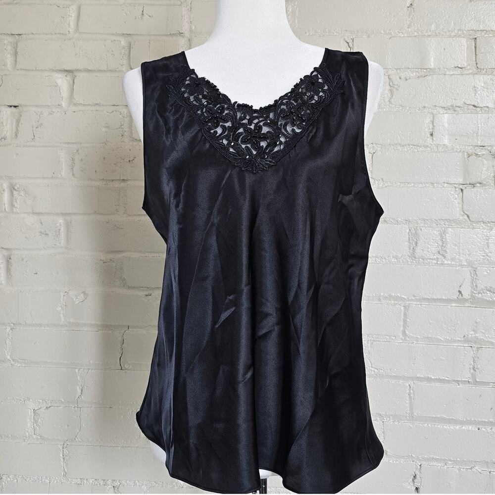 Vintage Whimsigoth Black Satin Camisole | Romantic Lace Yoke| Sequin& Beads